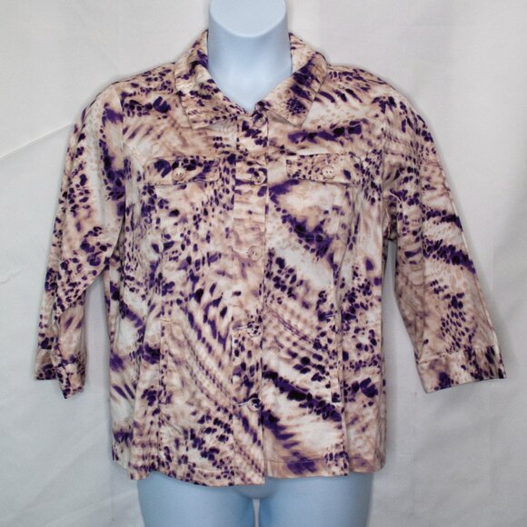 Chicos Sz 3 Abstract Animal Print Jacket Womens XL 16 18 Beige Purple Artsy E01X - Picture 1 of 4